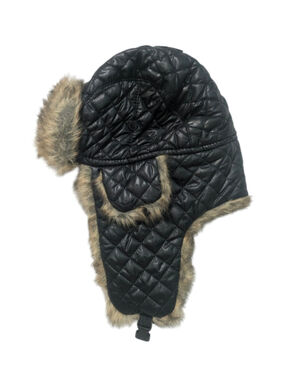 POP Headwear Quilted Trapper Hat Black Faux Fur Ear Flaps One Size